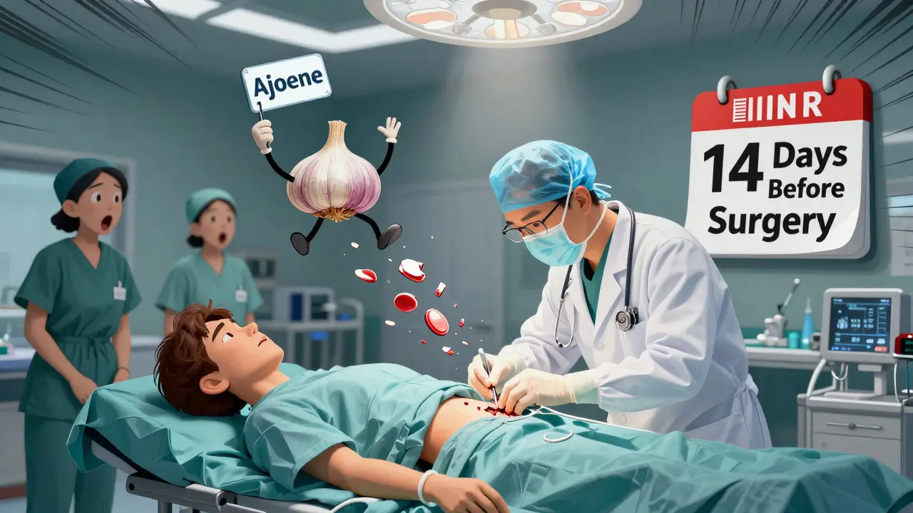 Surgeon stopping bleeding during surgery as a cartoon garlic clove triggers platelet failure.