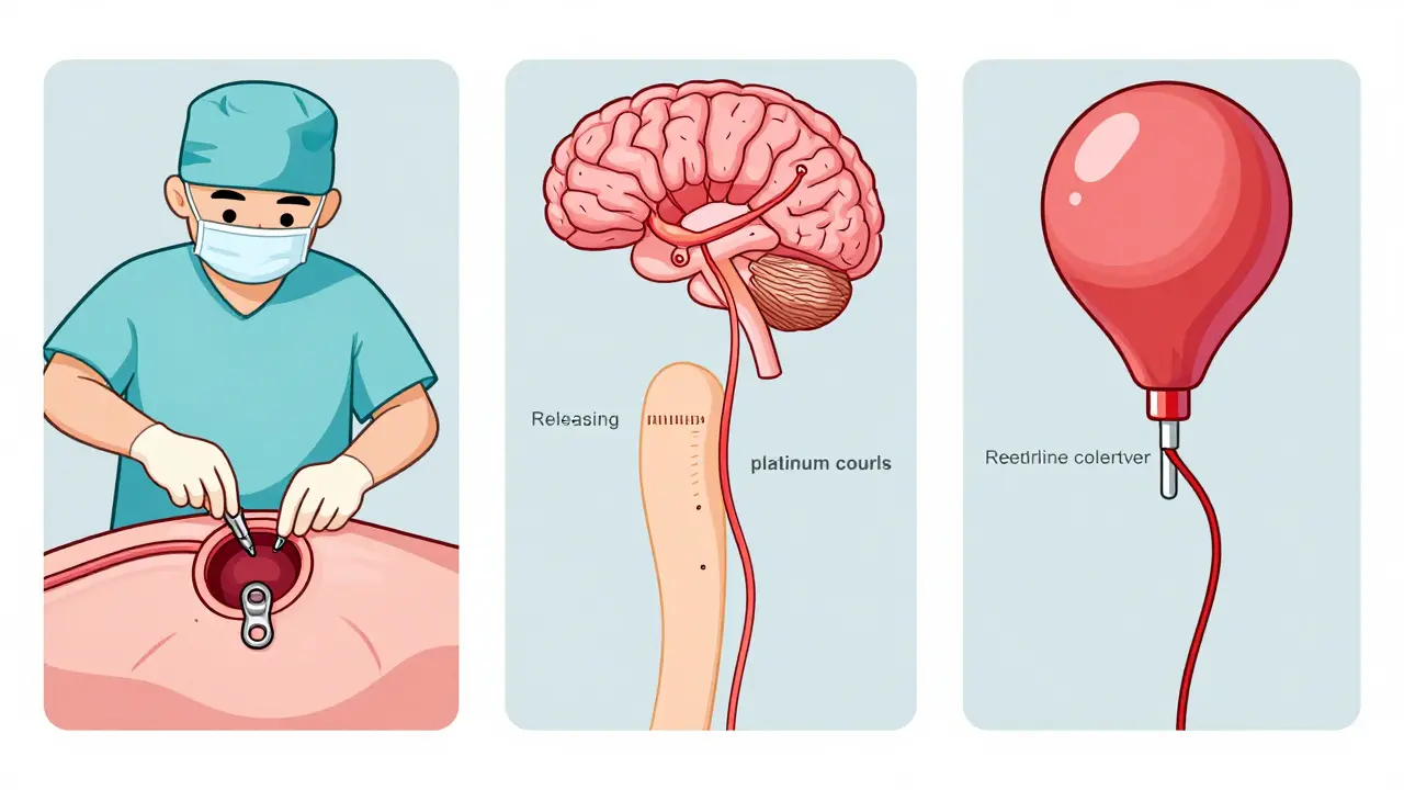Three cartoon medical treatments for aneurysms: clipping, coiling, and flow diversion.