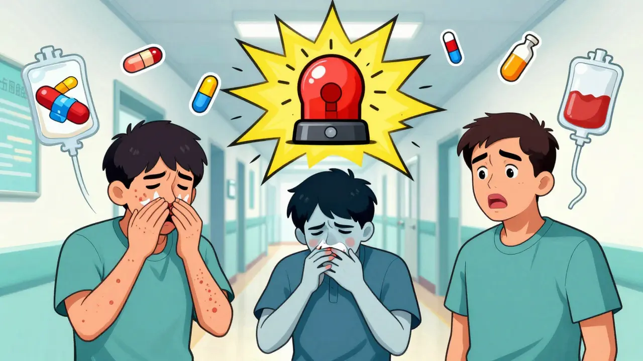 Three people reacting to different medications with floating drug icons and a warning alarm in the center.