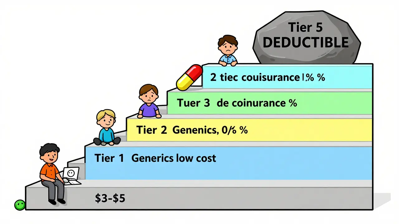 Tiered drug formulary shown as a staircase with rising costs and frustrated patients.
