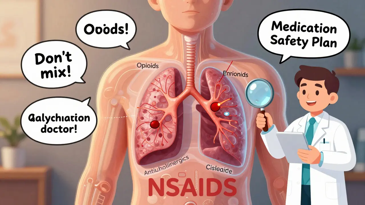 Transparent body showing dangerous drugs constricting lungs, with a pharmacist using a magnifying glass over a safety checklist.