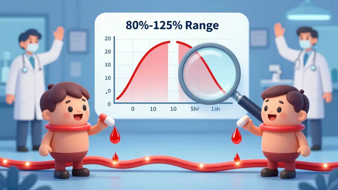 Two people taking pills with identical blood flow graphs showing bioequivalence