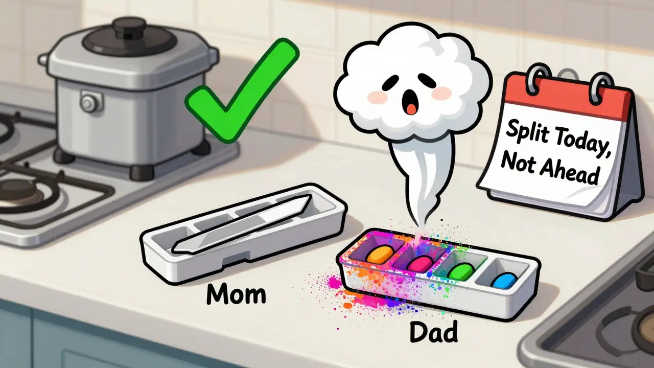 Two pill splitters side by side—clean vs. contaminated—with toxic dust cloud and closed-system crusher highlighted.