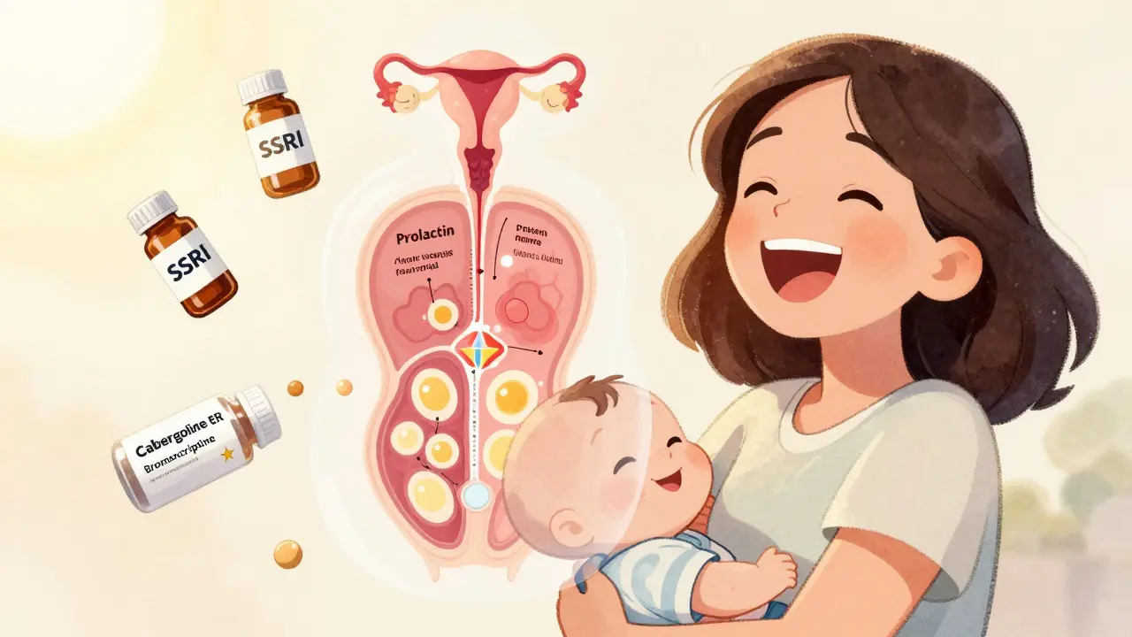 Woman holding baby with internal cartoon view showing normal hormone flow and restored fertility.