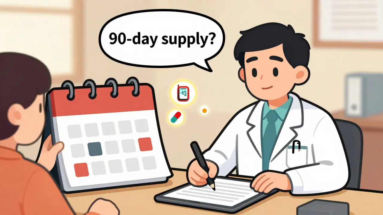 A doctor writing a 90-day prescription while floating health icons appear, showing maintenance meds like blood pressure and diabetes.