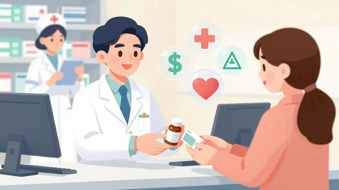 A pharmacist swaps a generic drug at the counter while a patient happily receives their prescription with cost and safety icons floating nearby.