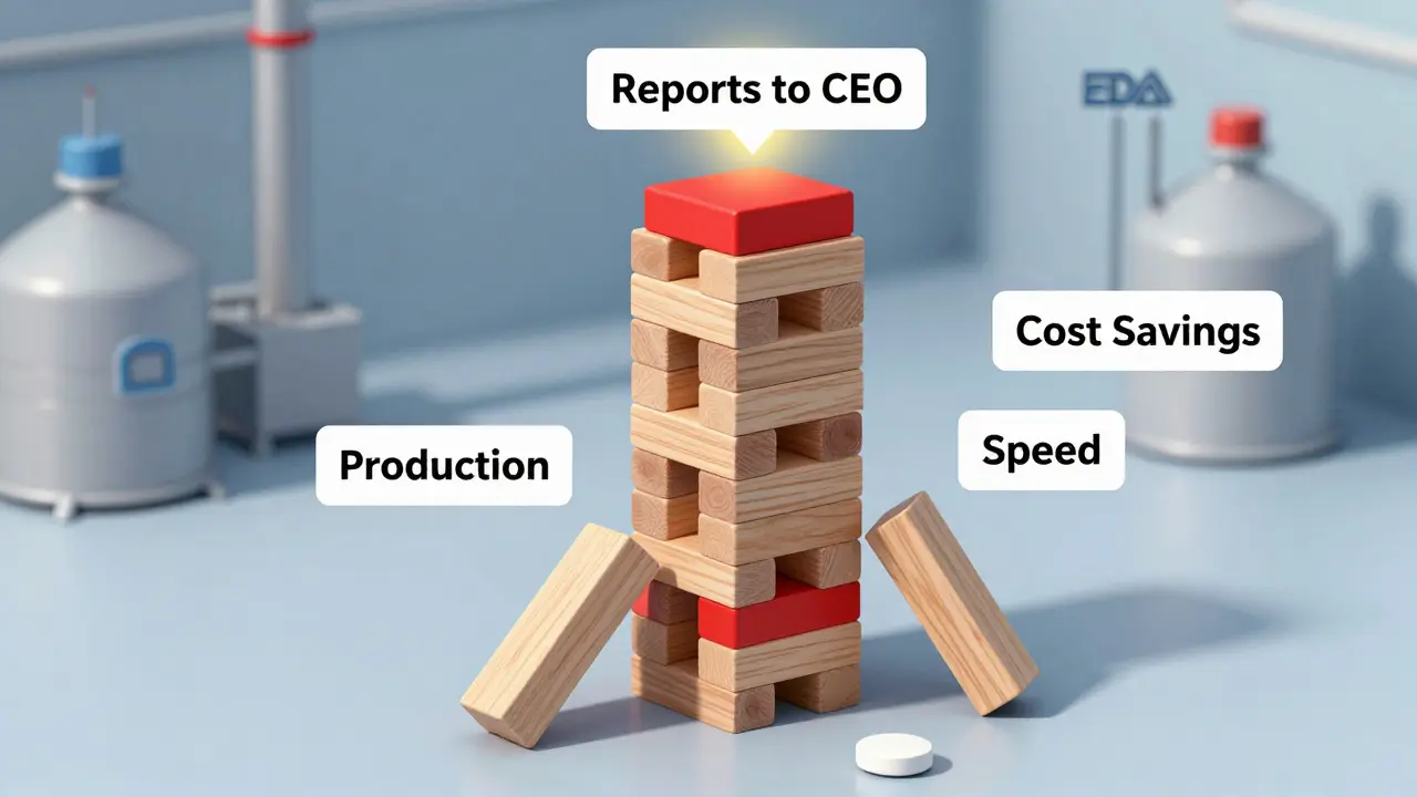 An organizational chart as a Jenga tower with Quality Assurance as the top red block holding everything upright.