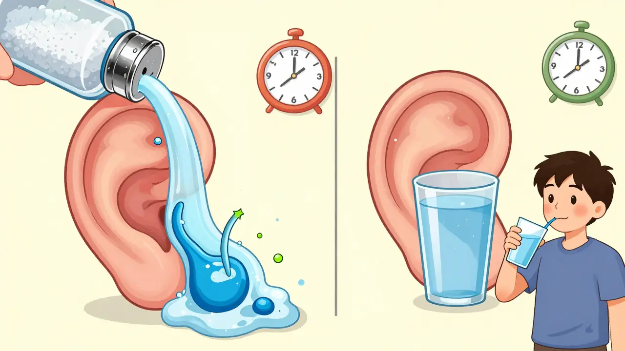 Cartoon inner ear with excess fluid caused by salt on one side, and balanced fluid with hydration on the other, illustrating Meniere’s dietary mechanism.
