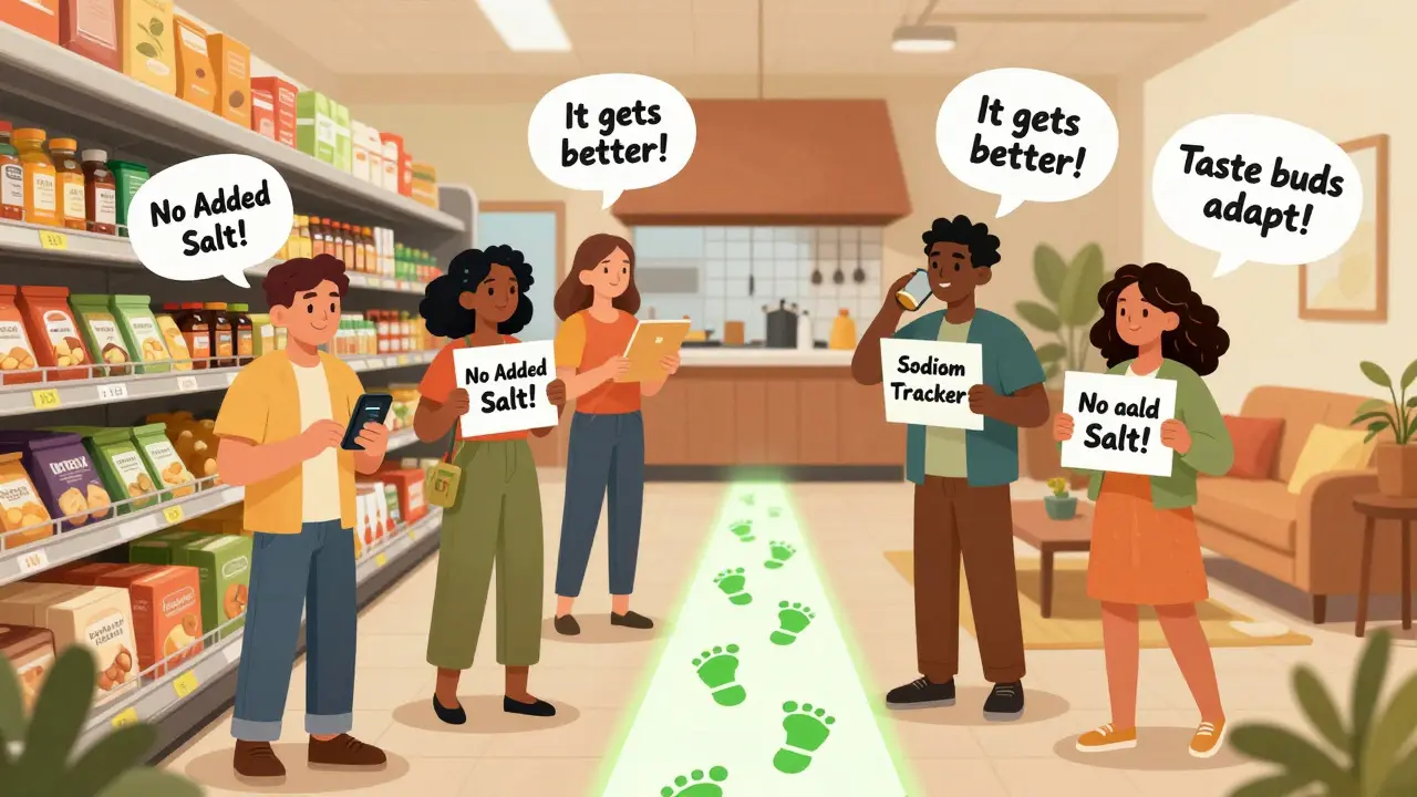 Diverse people making low-sodium choices at a grocery store, restaurant, and home, with positive messages about managing Meniere’s through diet.