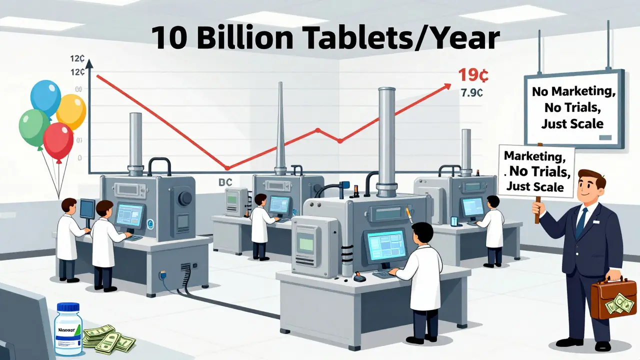 Factory workers producing billions of pills, with a graph showing cost per pill dropping as production increases.