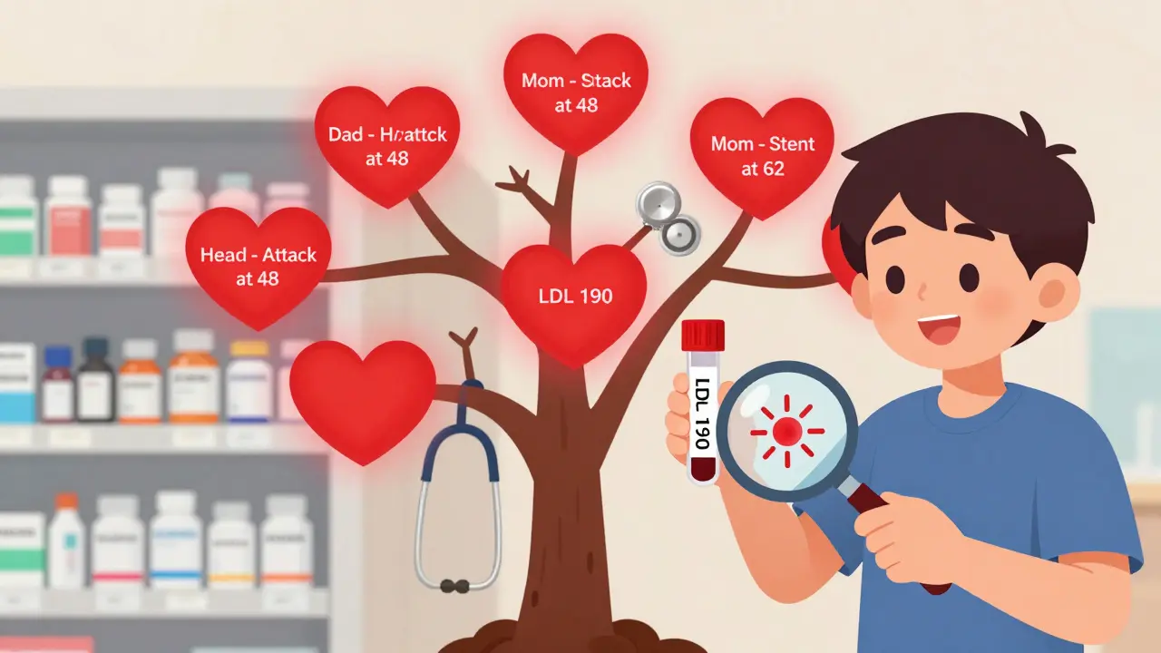 Family tree with glowing red hearts and blood test vial, showing genetic heart disease risk.