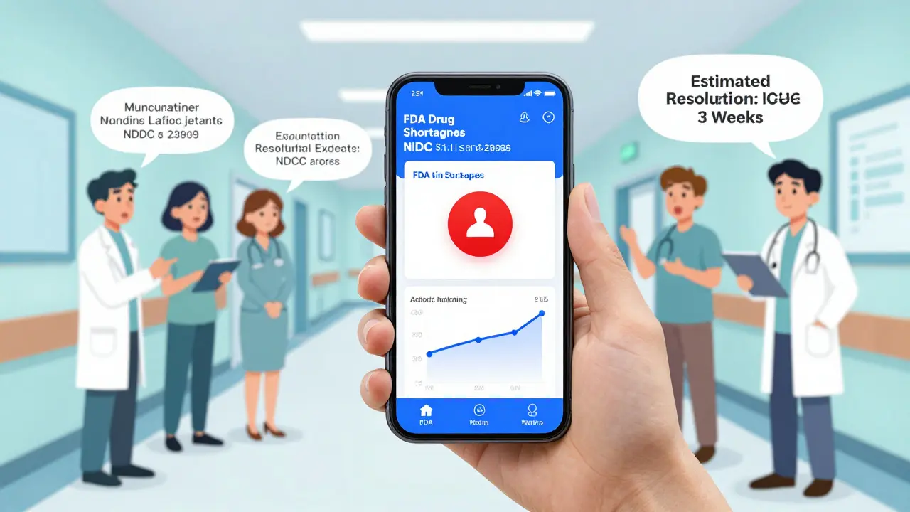 Healthcare worker checking FDA drug shortage app on smartphone with alert notifications