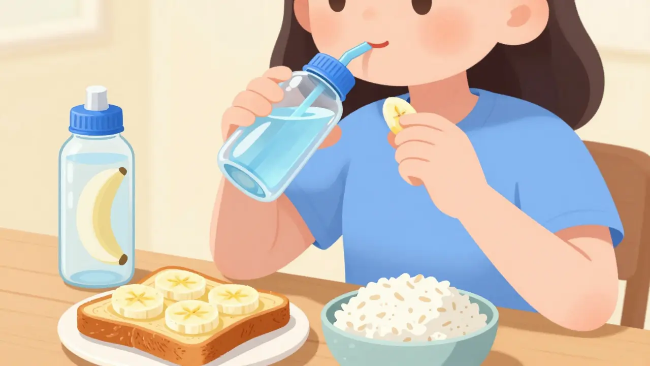 Person drinking water and eating bland foods for diarrhea relief.