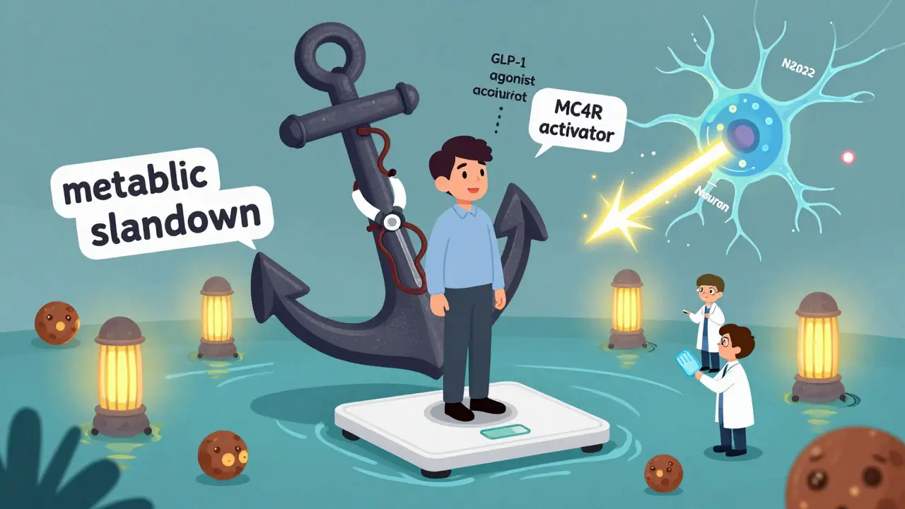 Person on a scale sinking under metabolic slowdown, scientists repairing signals with new drugs.