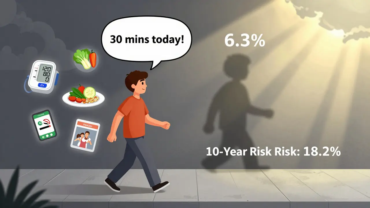 Person walking with health icons, showing reduced heart disease risk through lifestyle changes.