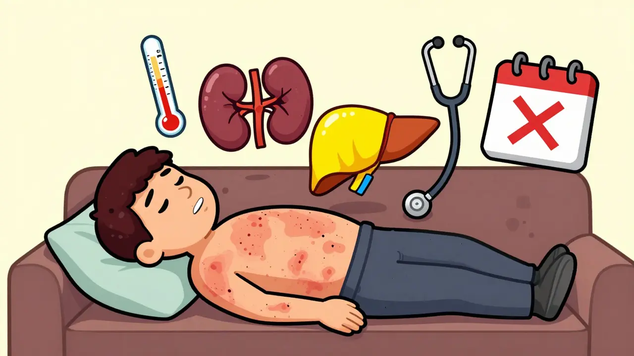 Person with widespread rash and medical icons showing fever, kidney, and liver damage.