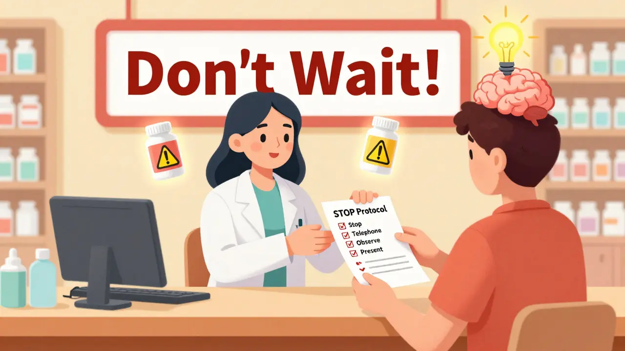 Pharmacist handing patient a STOP protocol checklist with warning sign in background.