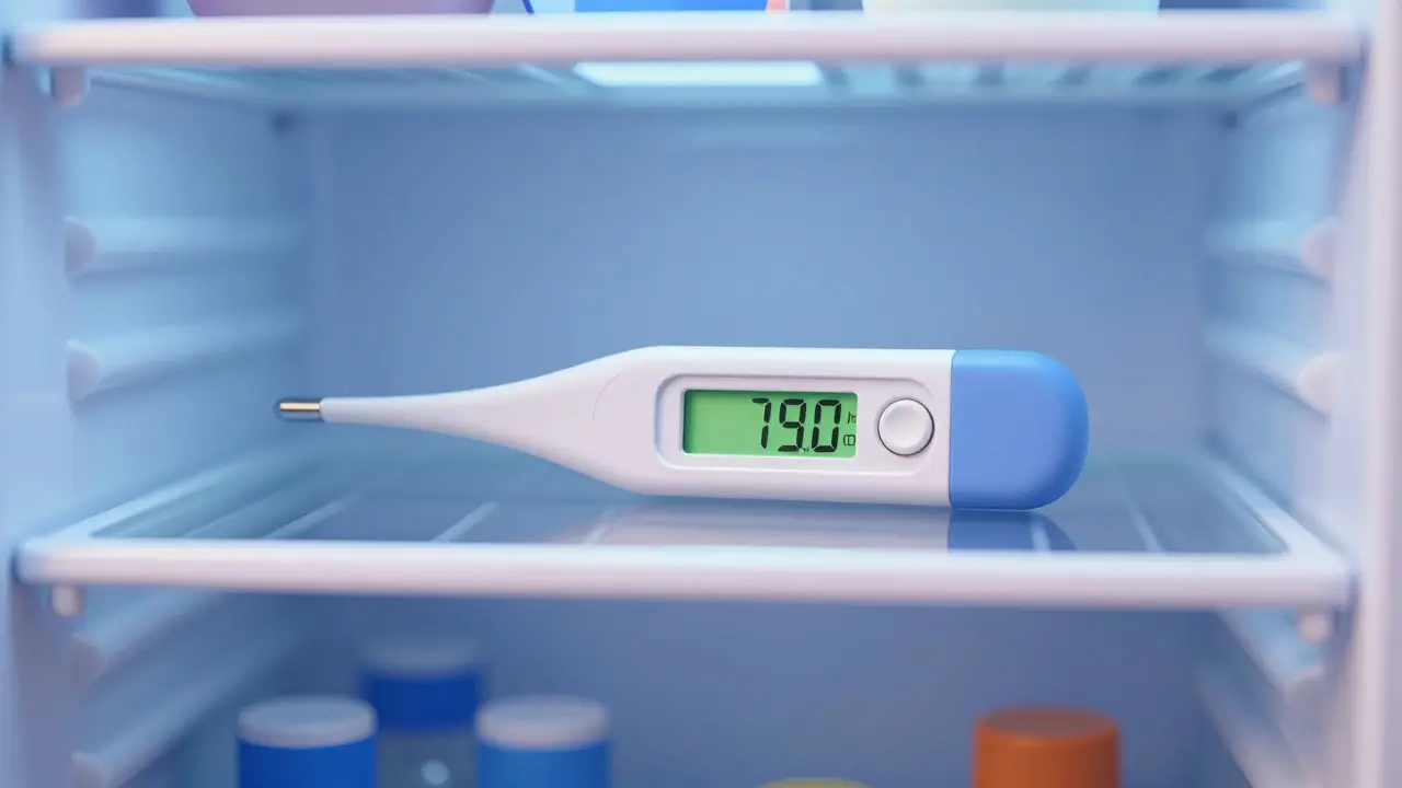 Thermometer in fridge center shelf showing safe temperature zone
