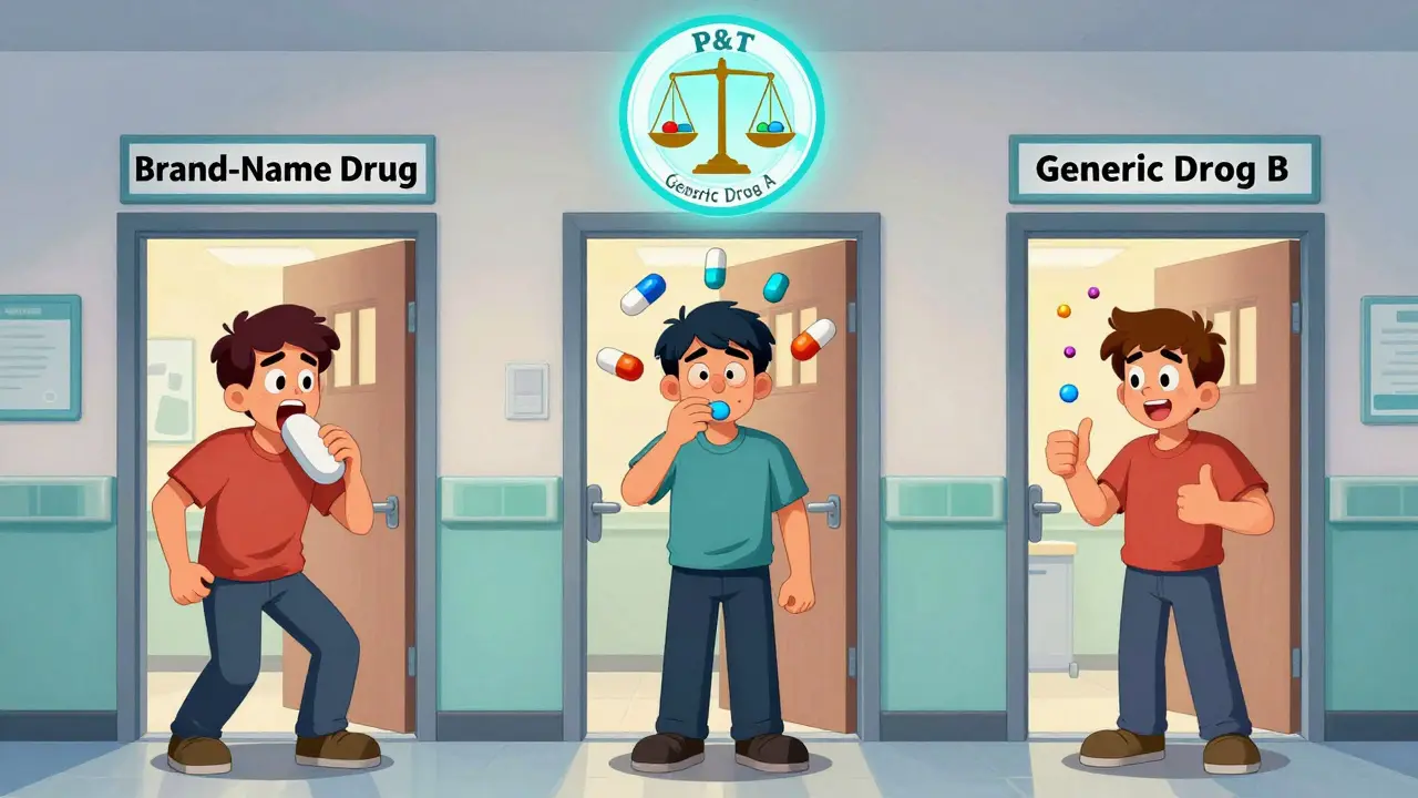 Three patients experience different generic pills, highlighting how formulation affects adherence, with a P&amp;T committee badge above showing cost-safety balance.
