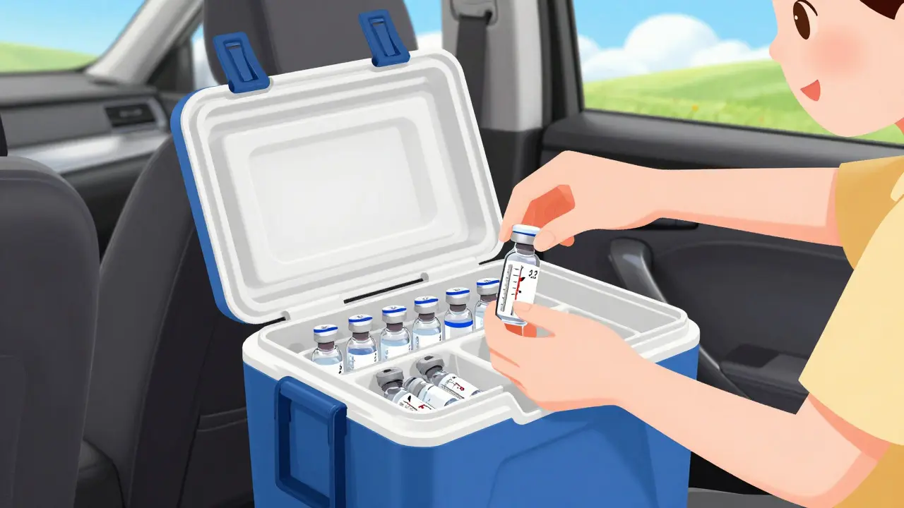 Traveler using insulated cooler to transport refrigerated medication safely