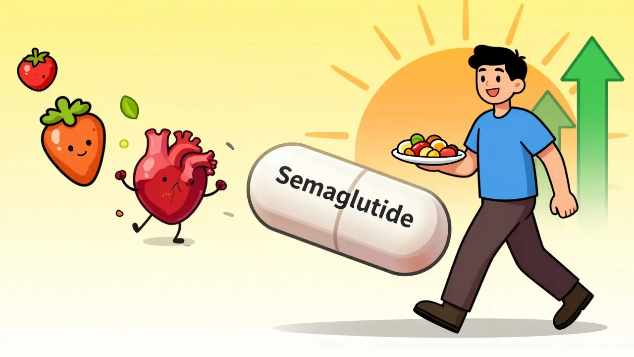 A GLP-1 medication pill flying through the air, leaving behind healthy food, heart, and weight loss icons.