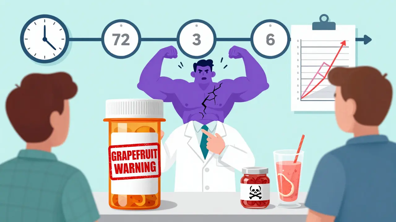 A pharmacist warns a patient about grapefruit jam, smoothies, and supplements interacting with statins, with warning icons and muscle damage visuals.