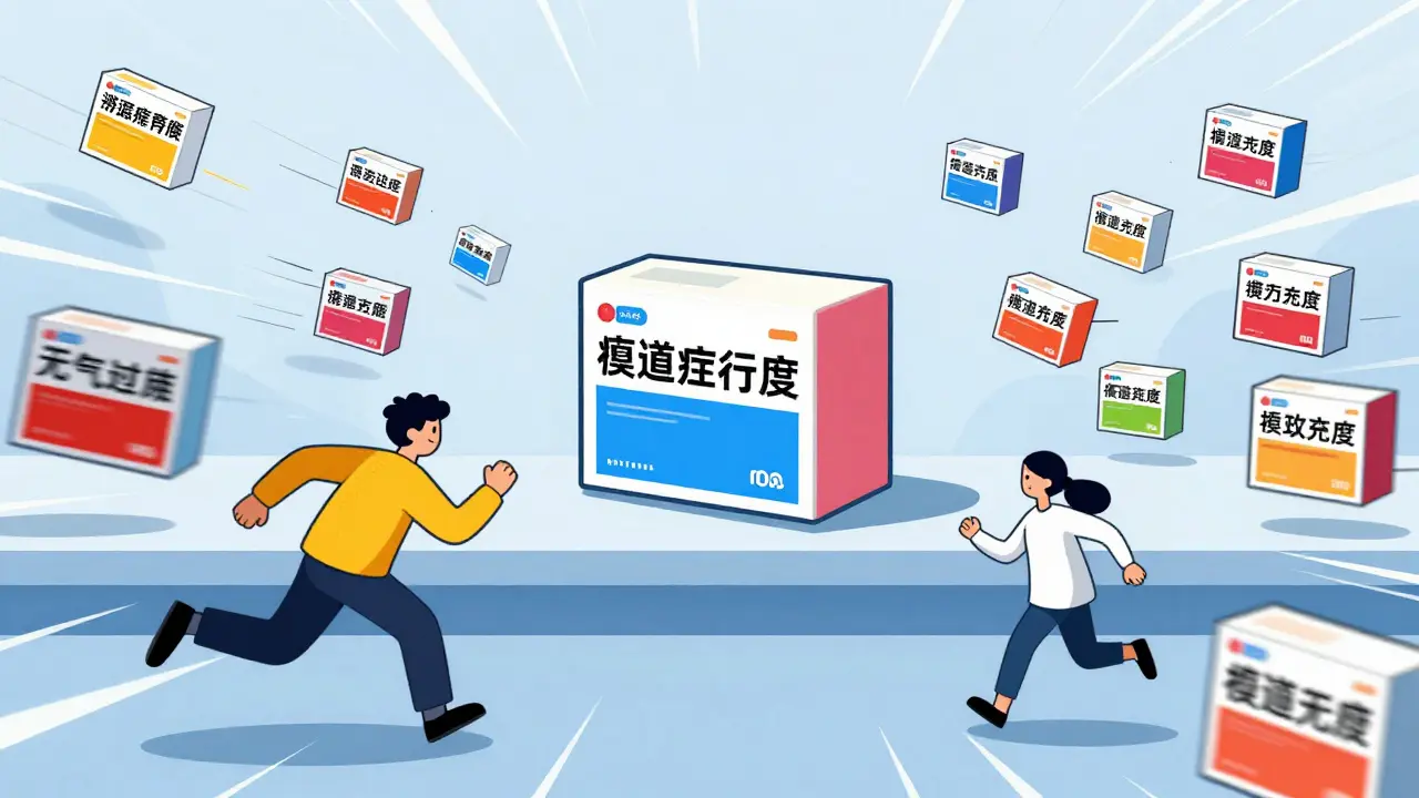 Cartoon shelf showing many new products replacing one old item