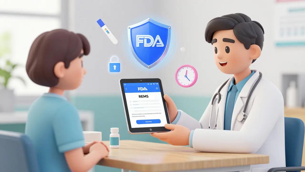 Doctor and patient sharing a tablet with REMS enrollment app, safety shield above them