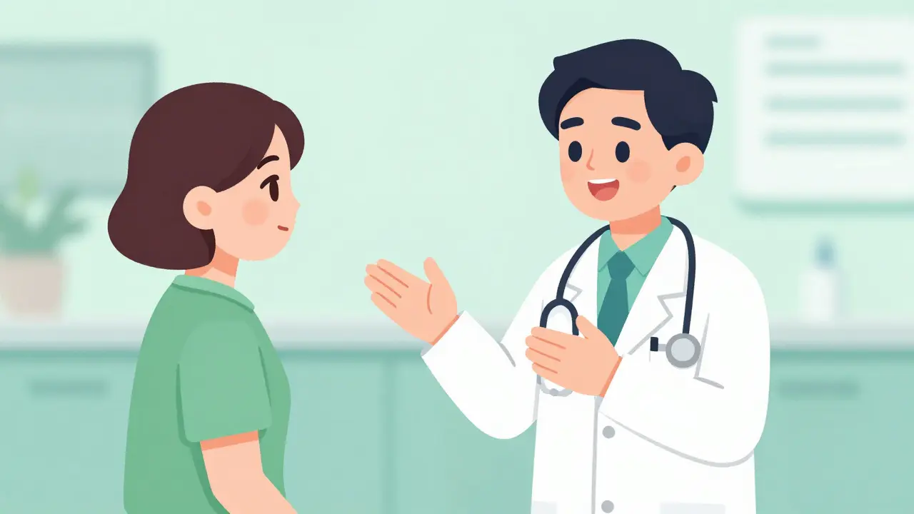 Doctor and patient talking reassuringly in medical office.