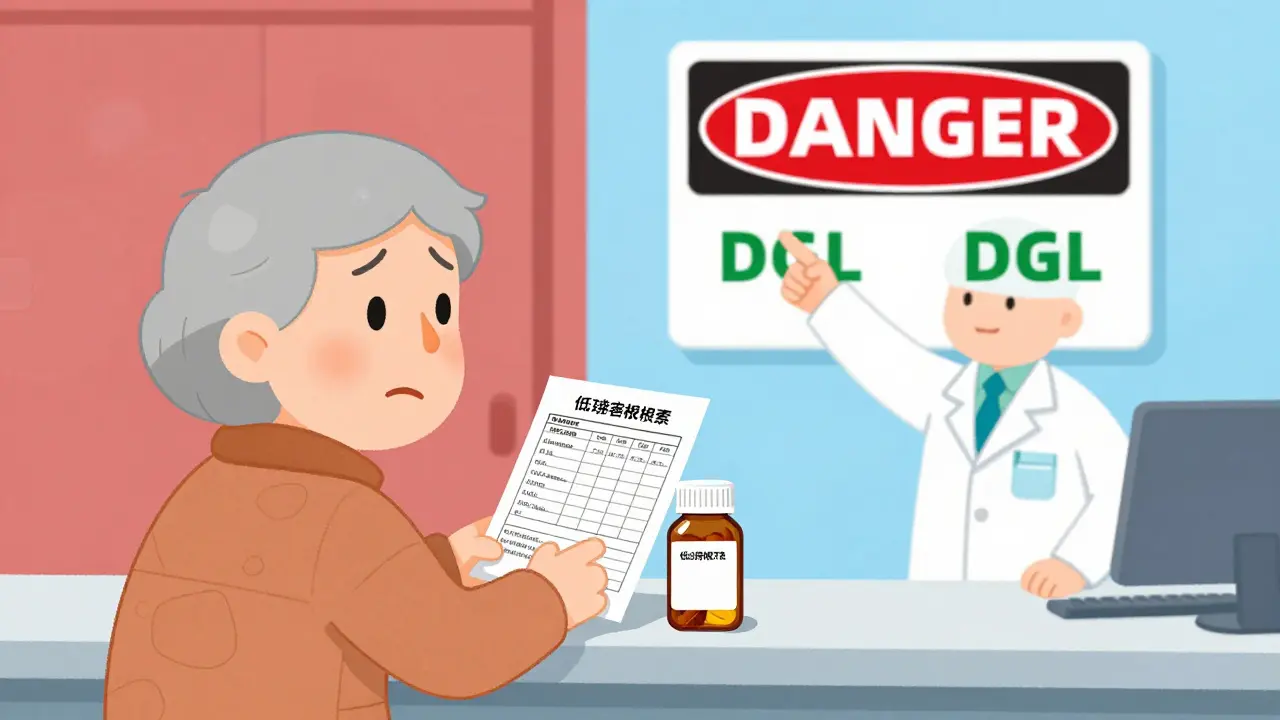Elderly patient at pharmacy with licorice tea and low potassium test, pharmacist pointing to danger and safe DGL label.