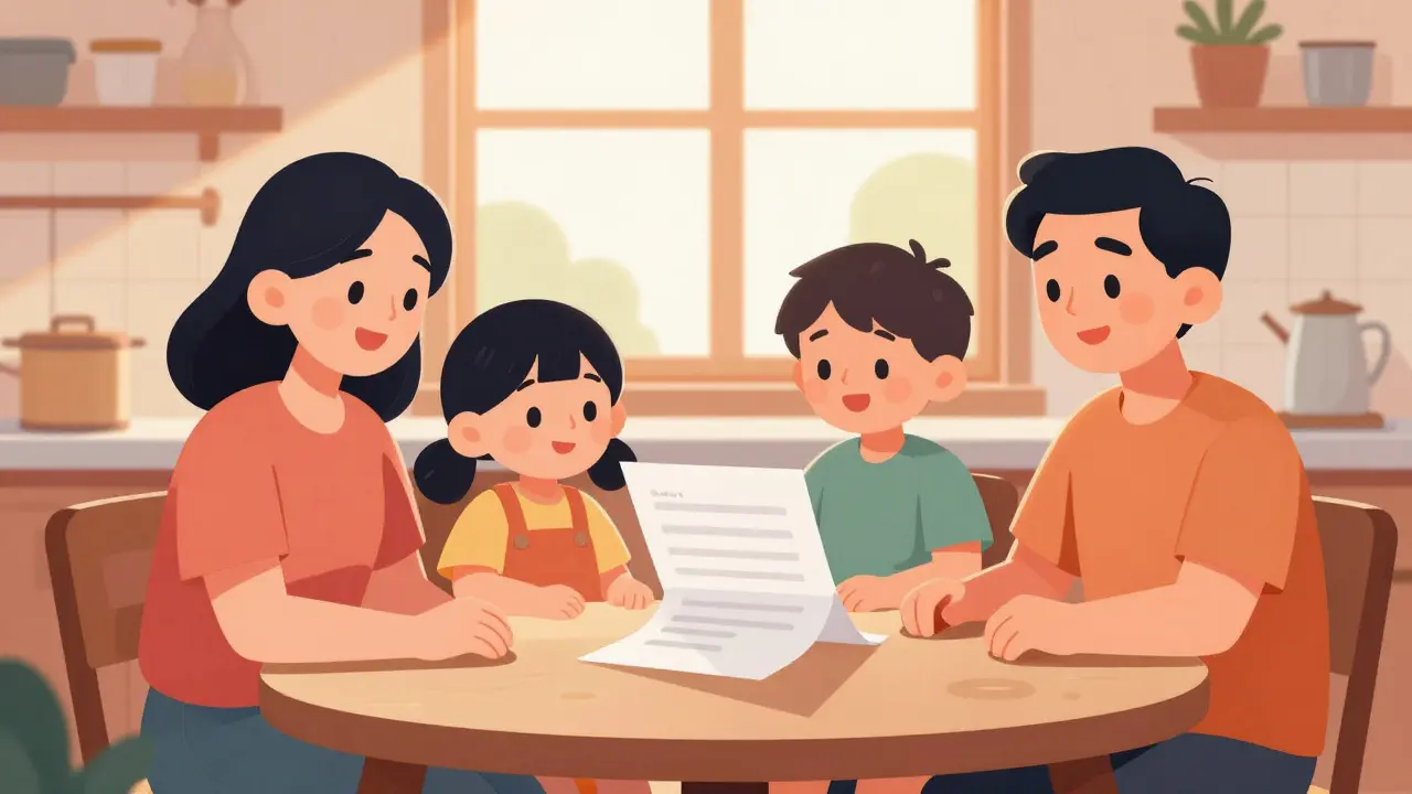 Family at kitchen table relieved by shorter medical bill