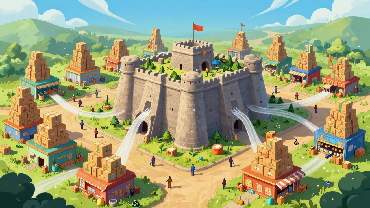 Large fortress surrounded by small competitive workshops in market