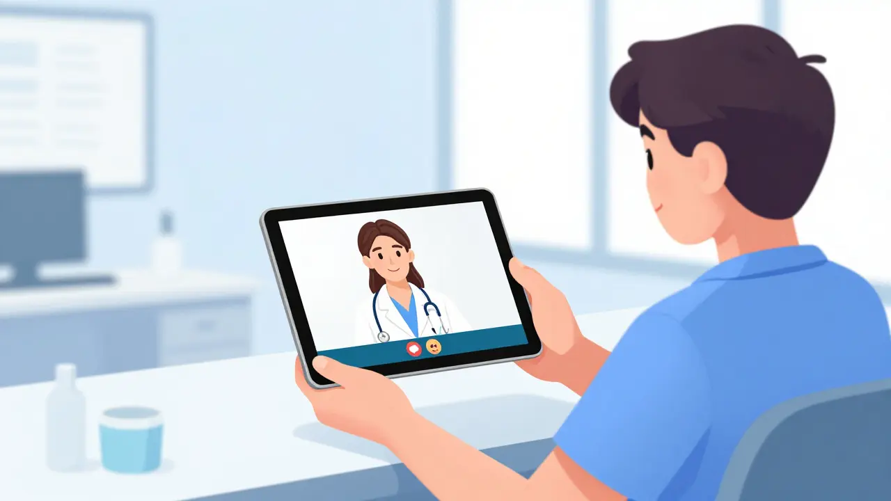 Patient using tablet to connect with professional interpreter