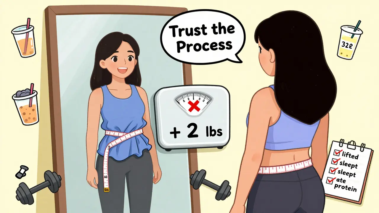 Person smiling in front of mirror as clothes fit better, scale shows weight gain but waist measurement shrinks.