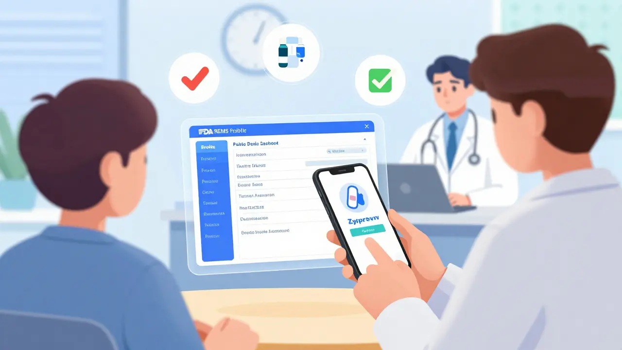 Person using smartphone to view FDA REMS dashboard with drug icons floating nearby