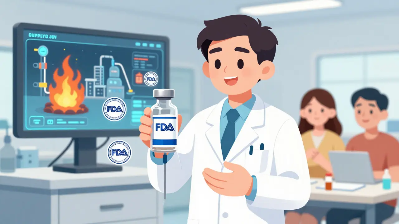 Pharmacist compounding medication as digital twin simulates supply chain disruptions.