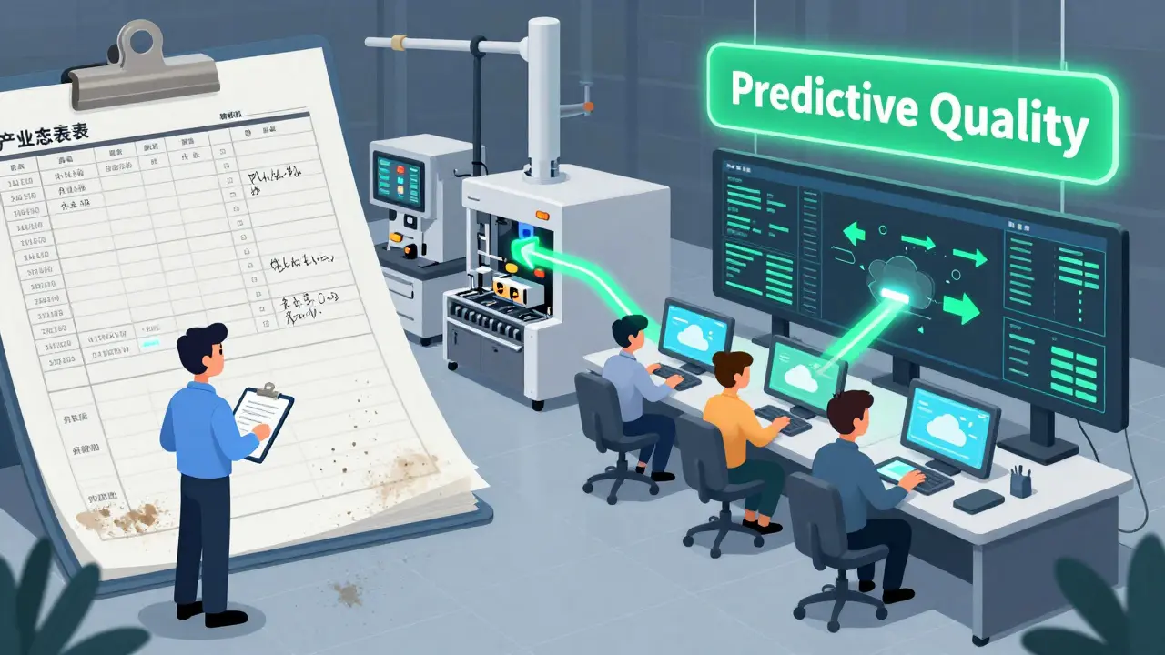 Split scene: left shows old paper records and a lone inspector; right shows connected digital dashboards and real-time data flows.