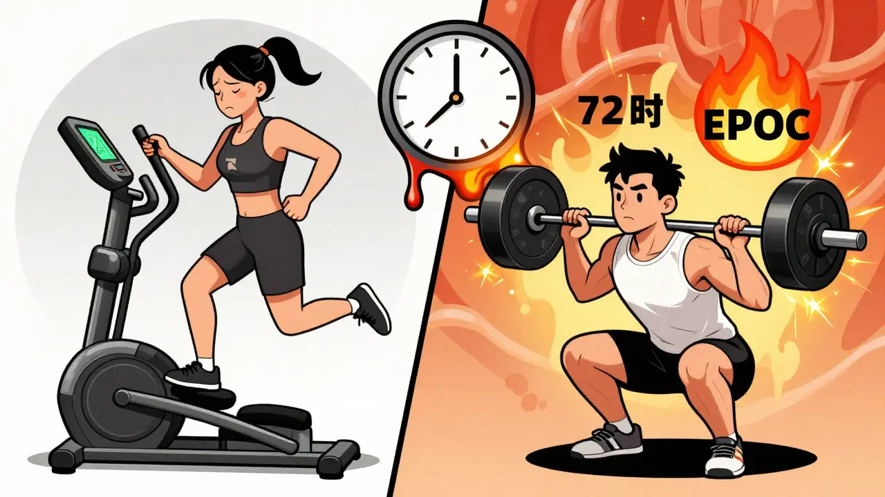 Split-screen cartoon: one side exhausted from cardio, other side energized with EPOC sparks from lifting.