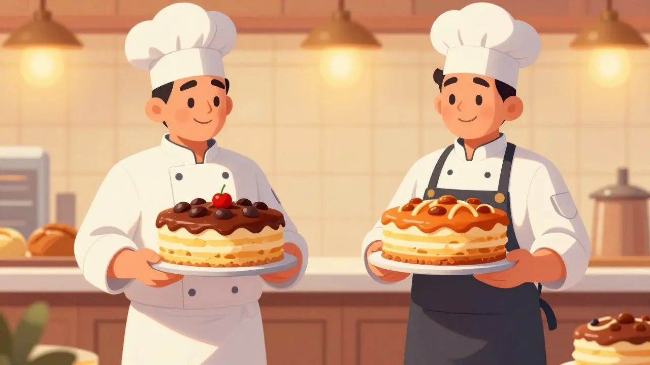 Two bakers holding similar cakes representing drug manufacturing.