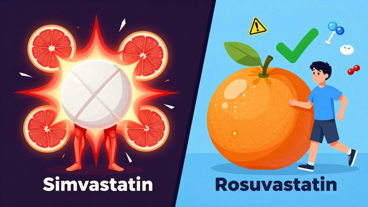 Two statin pills side by side: one dangerous with grapefruit spikes, the other safe with an orange and checkmark, showing muscle pain vs. health.