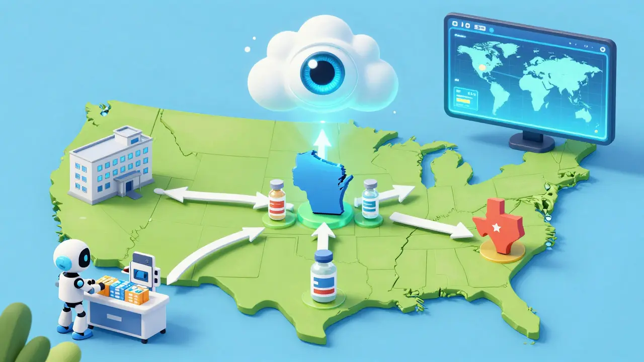 U.S. hospitals sharing drug supplies through a glowing digital network with automated logistics.