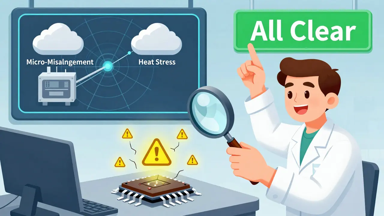 Worker uses magnifying glass to see hidden cracks in a microchip, while a weather-style dashboard predicts and prevents defects before they happen.