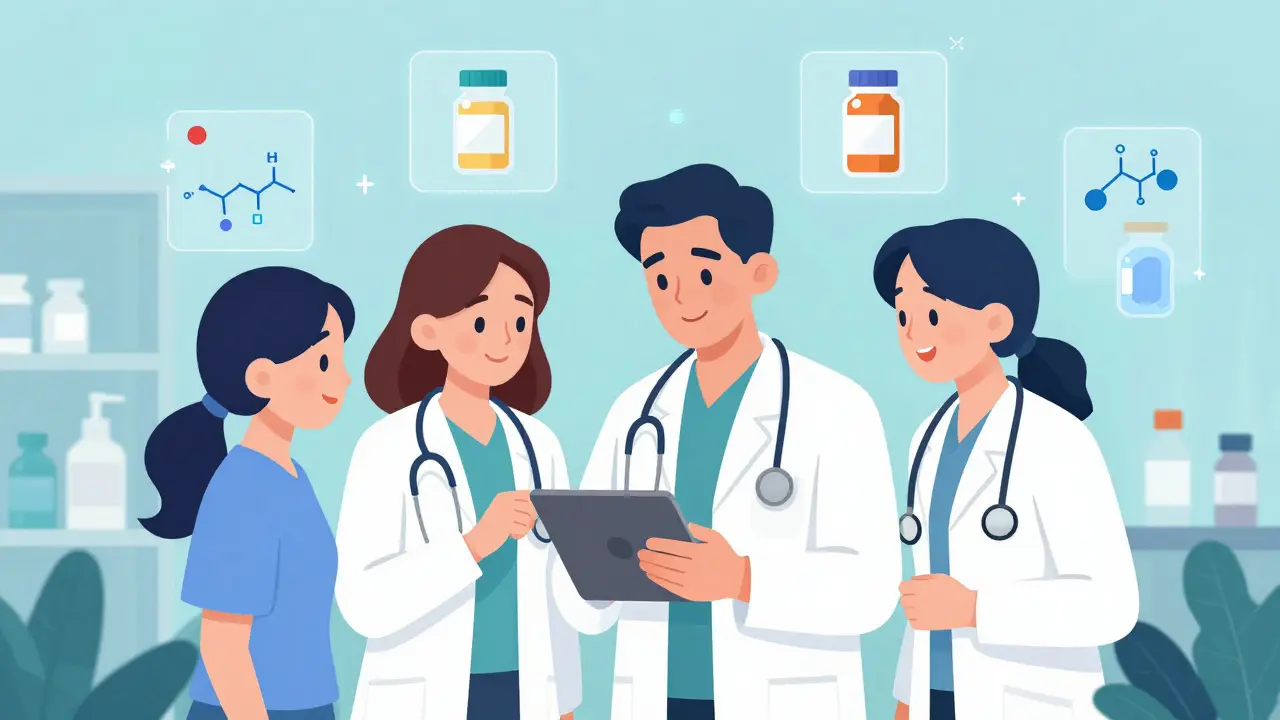 A doctor and pharmacist collaborating on alternative medication plans