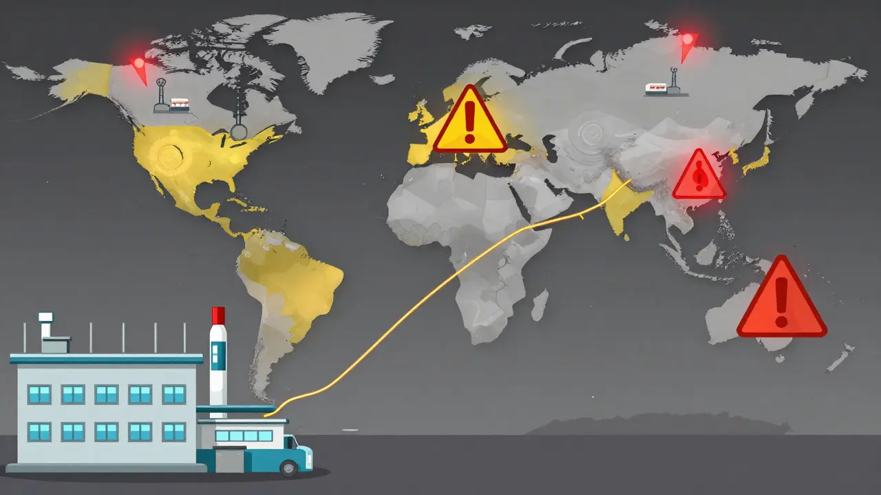 A stylized world map showing a breaking pharmaceutical supply chain
