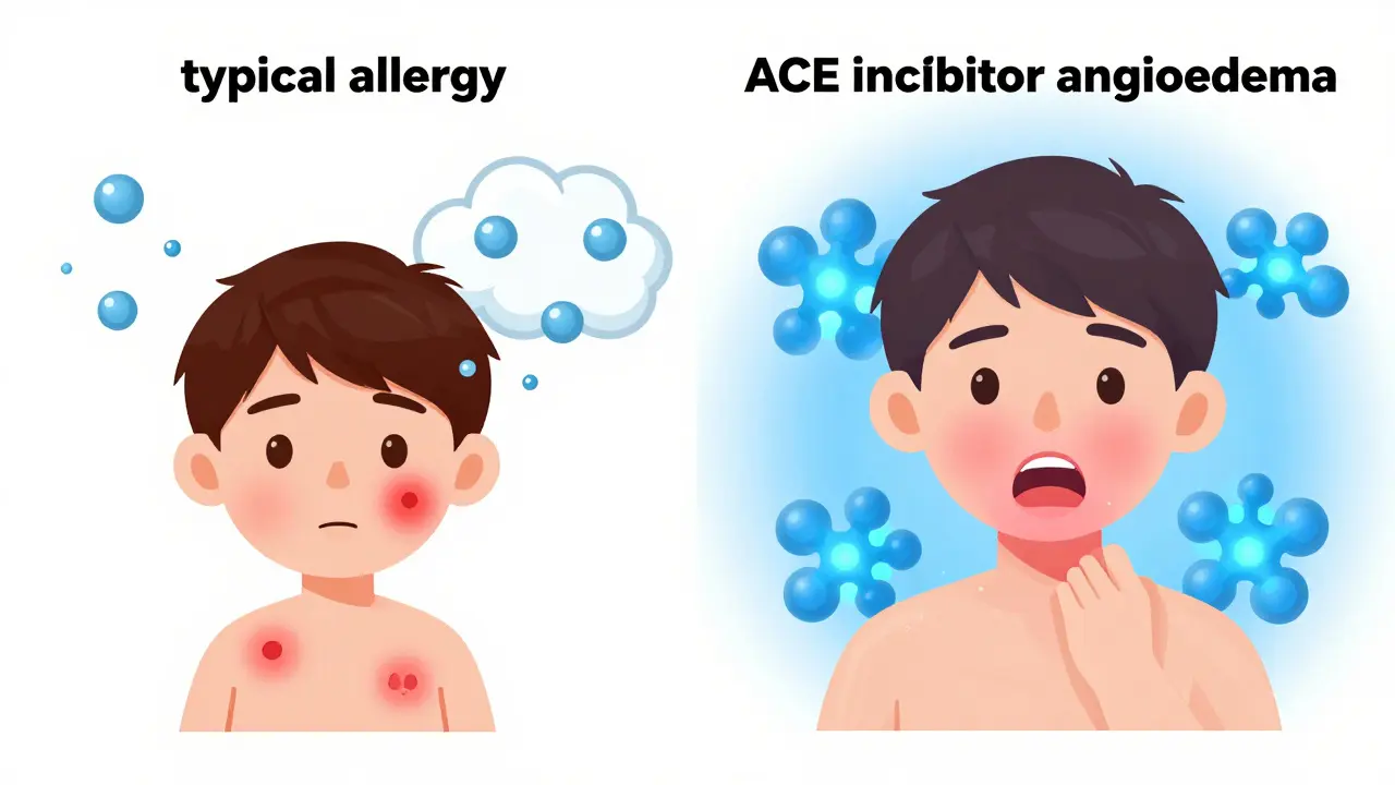 Cartoon comparison between an itchy histamine allergy and deep bradykinin swelling.