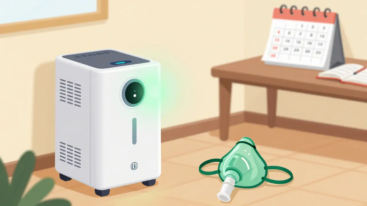 Cartoon drawing of a home oxygen concentrator and medical supplies in a bright, organized living room.
