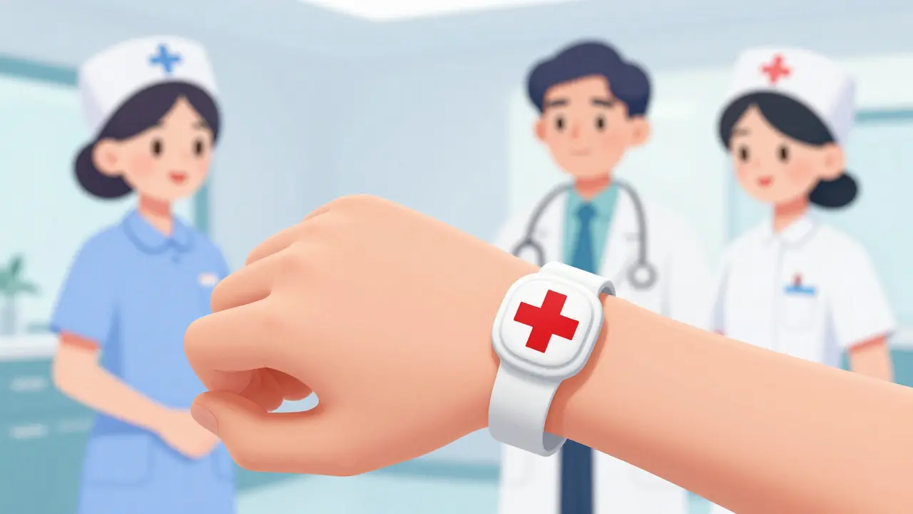 Cartoon illustration of a medical alert bracelet on a person's wrist in a hospital.