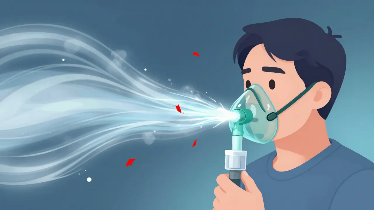 Cartoon illustration of a person using a non-rebreather mask to receive calming blue oxygen flow.