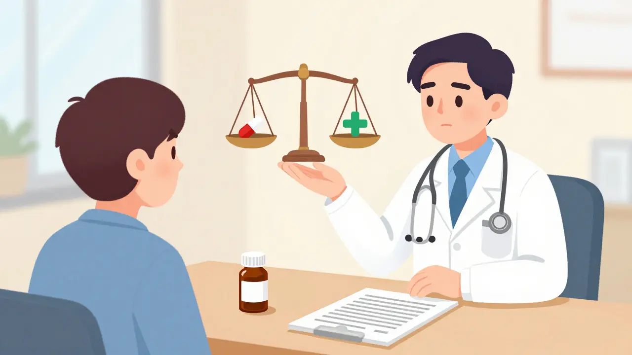 Cartoon of a doctor explaining a medication's risks and benefits to a patient.