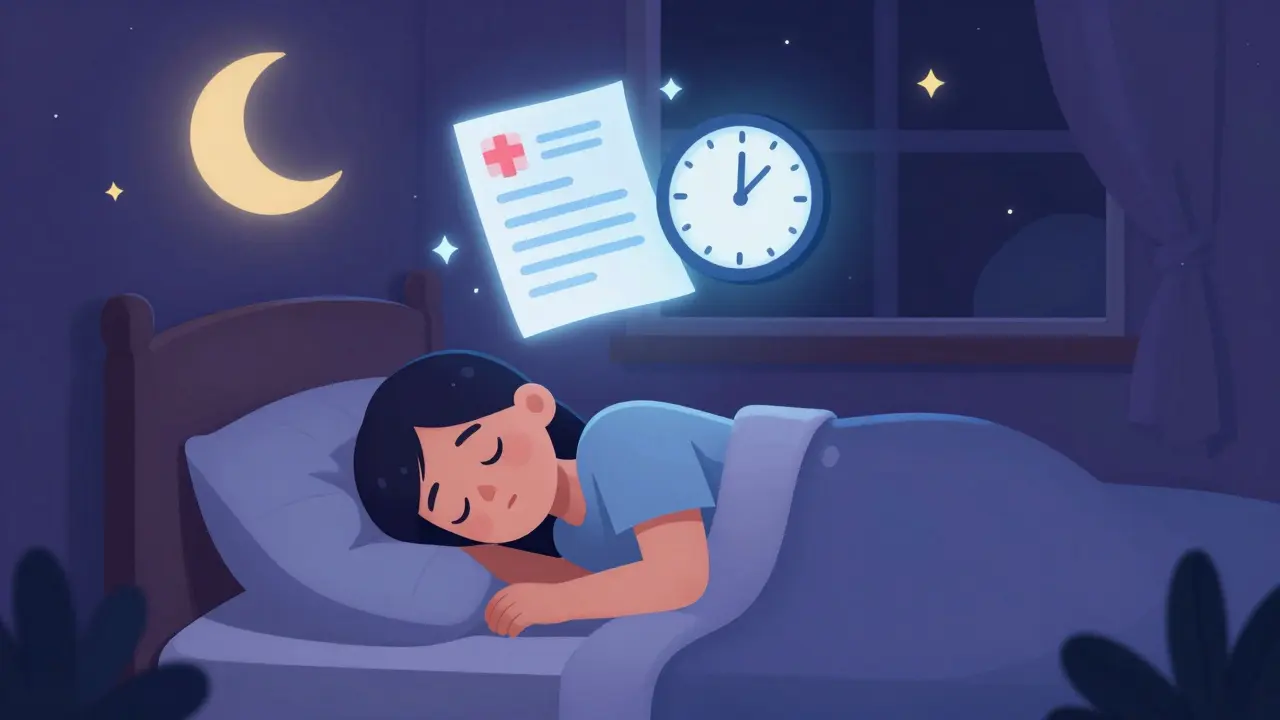 Cartoon of a person sleeping peacefully with a medical prescription symbol above them.